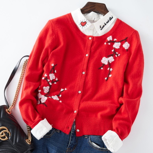 纯手工绣花女士红色羊绒开衫 直筒低圆领单排扣通勤长袖 新款 秋冬季