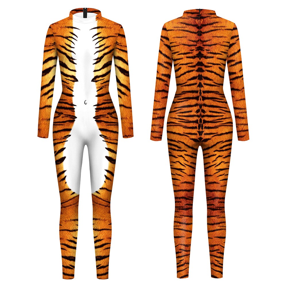老虎纹连体演出服成人男女cos猛虎弹力紧身衣动物造型万圣节装