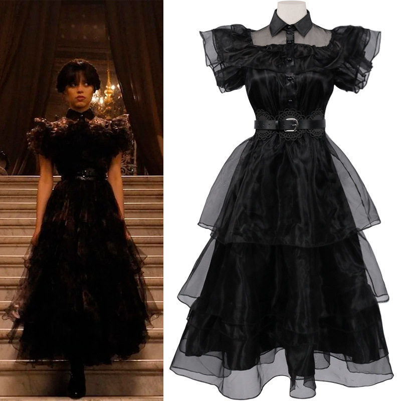 暗黑哥特风连衣裙女cos服Addams星期三舞会蕾丝网纱儿童礼服
