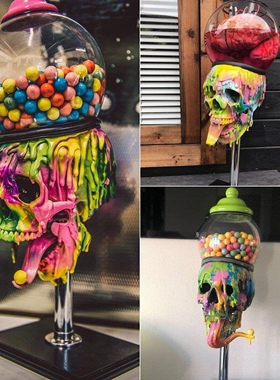 搞怪创意礼品融化的彩虹骷髅头糖果罐饼干盒摇滚朋克家居摆件