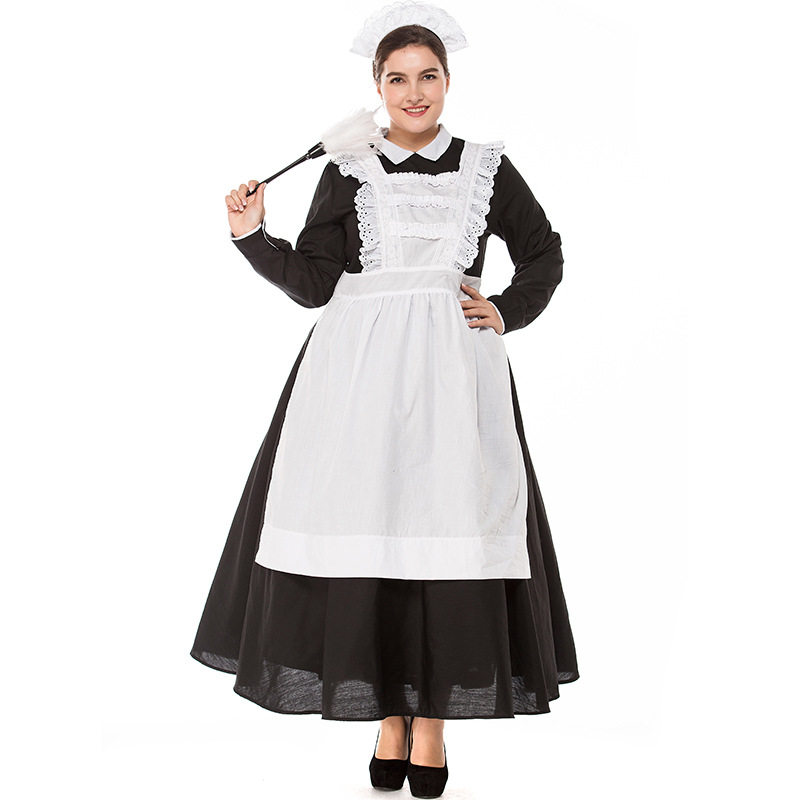 加大码经典女仆装黑白色保姆连衣裙COS菲律宾管家演出服套装成人