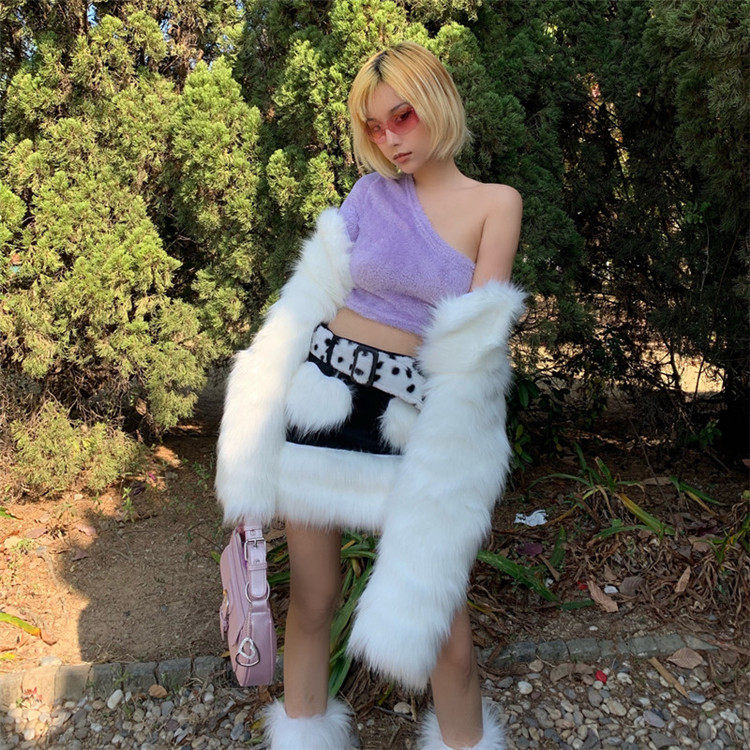 Y2K千禧辣妹秋冬涩谷白毛毛仿皮草超短外套高腰爱心短裙套装