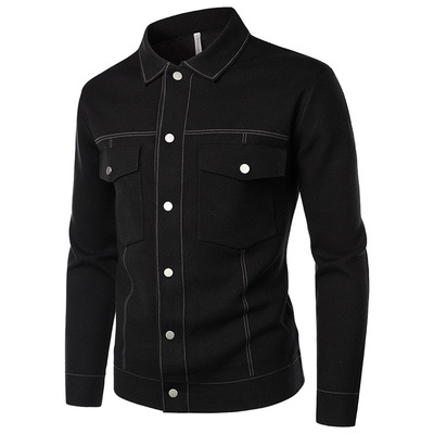 韩版ins潮流帅气修身牛仔夹克针织衫男秋季高级感双口袋毛衣外套