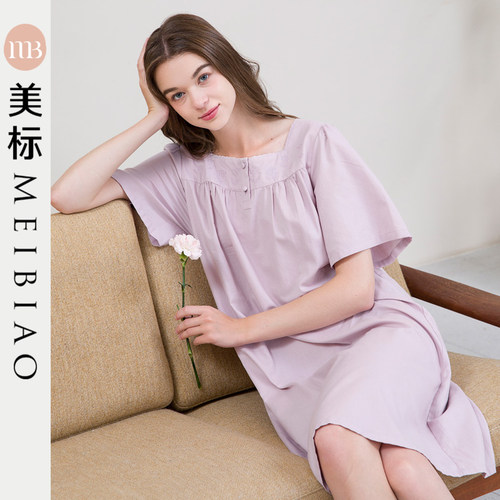 美标夏季梭织纯棉短袖睡裙简约