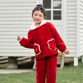 母女亲子装 国风家居服 美标冬加厚珊瑚绒儿童睡衣法兰绒红色新中式