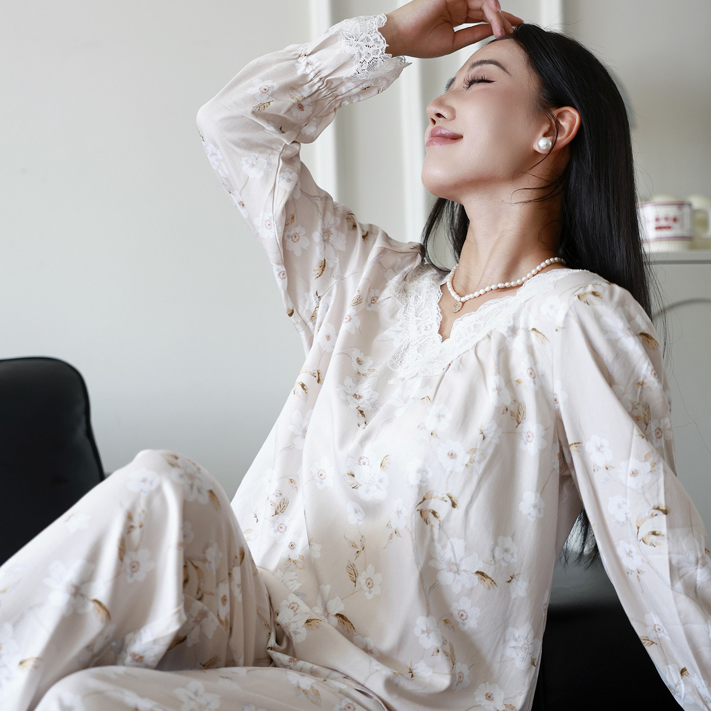 美标法式甜美风碎花睡衣女长袖蕾丝边家居服套装可外穿分体式女士