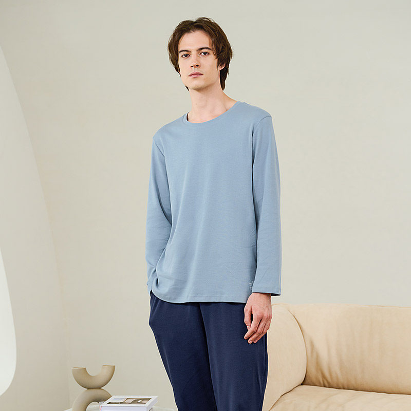 美标男士长袖长裤纯棉睡衣套装春秋款纯色简约休闲家居服可外穿