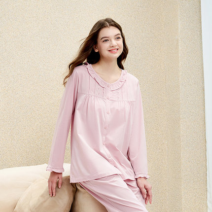 美标睡衣女【100%纯棉】针织全棉家居服套装春秋冬加大码纯色宽松