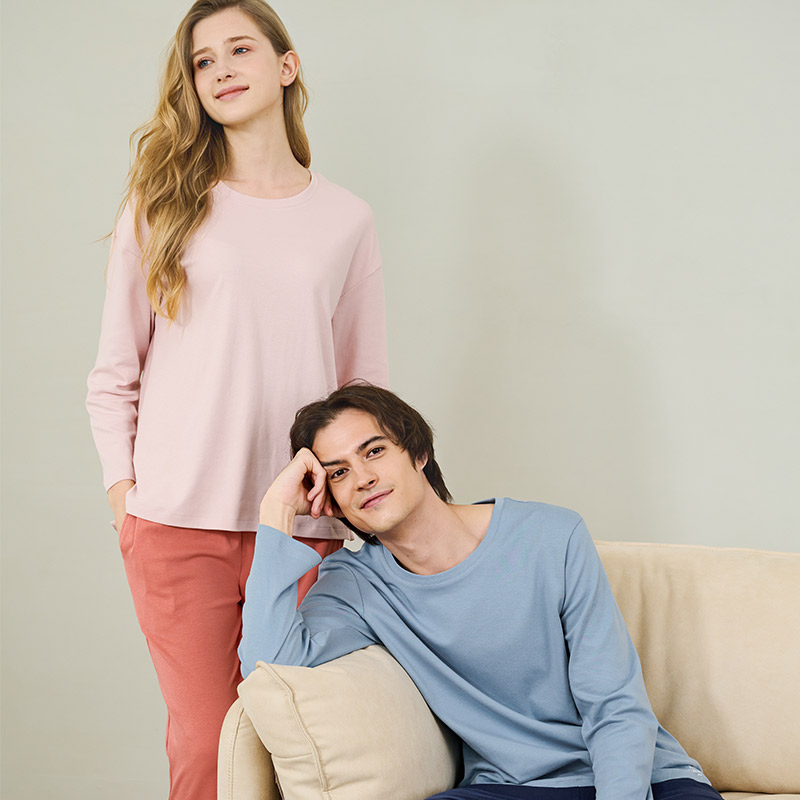 美标男女情侣针织纯棉长袖睡衣