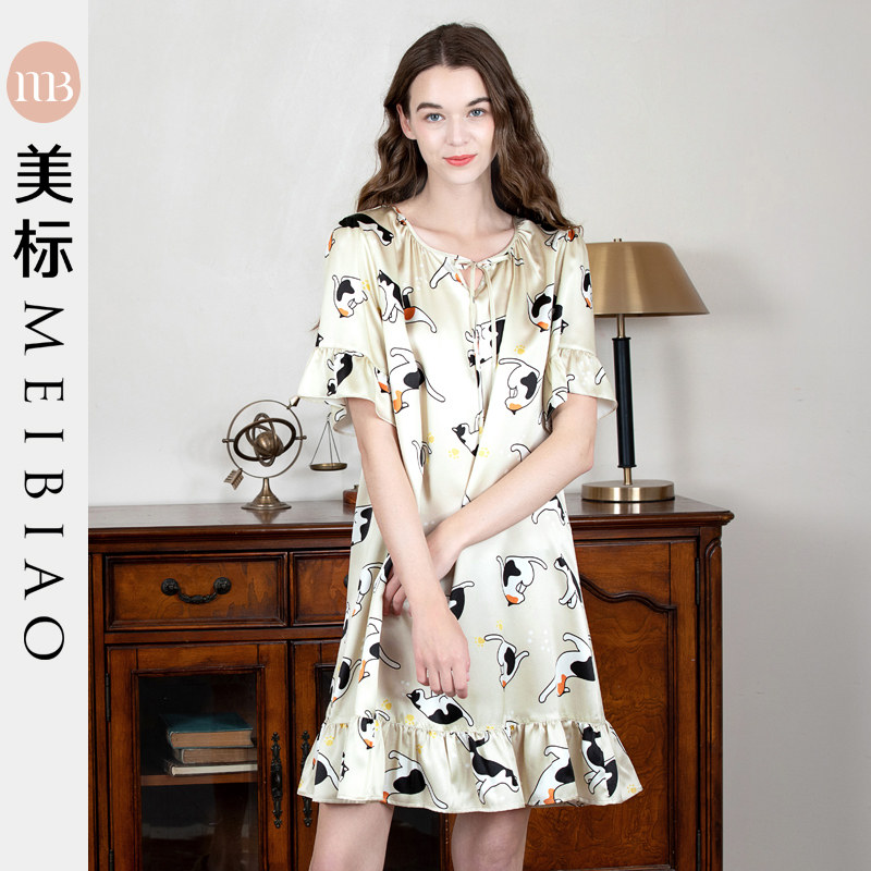 美标夏新款短袖19姆米真丝睡裙女士100%桑蚕丝休闲薄款家居服睡衣