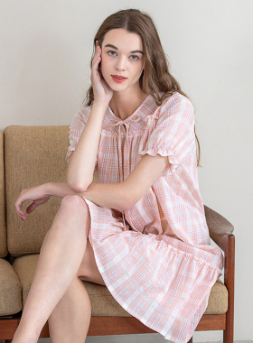 美标短袖睡裙夏季女士梭织纯棉可外穿格子全棉家居服睡衣蓝色粉色