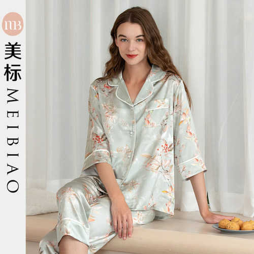 国潮风中长袖真丝睡衣女士