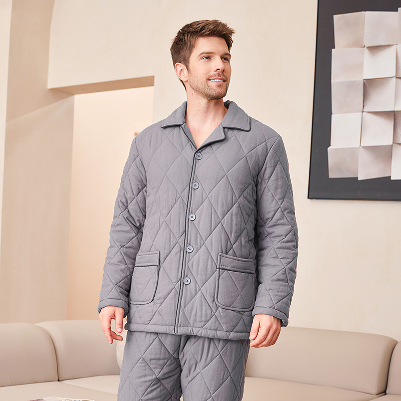 美标冬季睡衣男新款三层加厚梭织夹棉保暖开衫长袖家居服中年套装