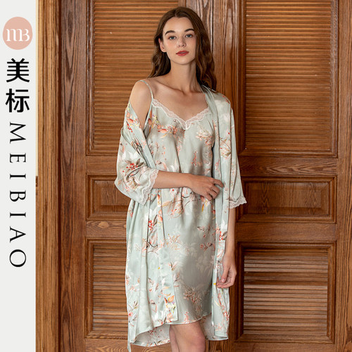 美标冰丝纯欲露背晨袍睡裙套装
