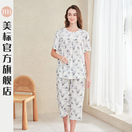 美标睡衣薄款女士短袖八分裤套装宽松家居服圆领舒适透气夏季