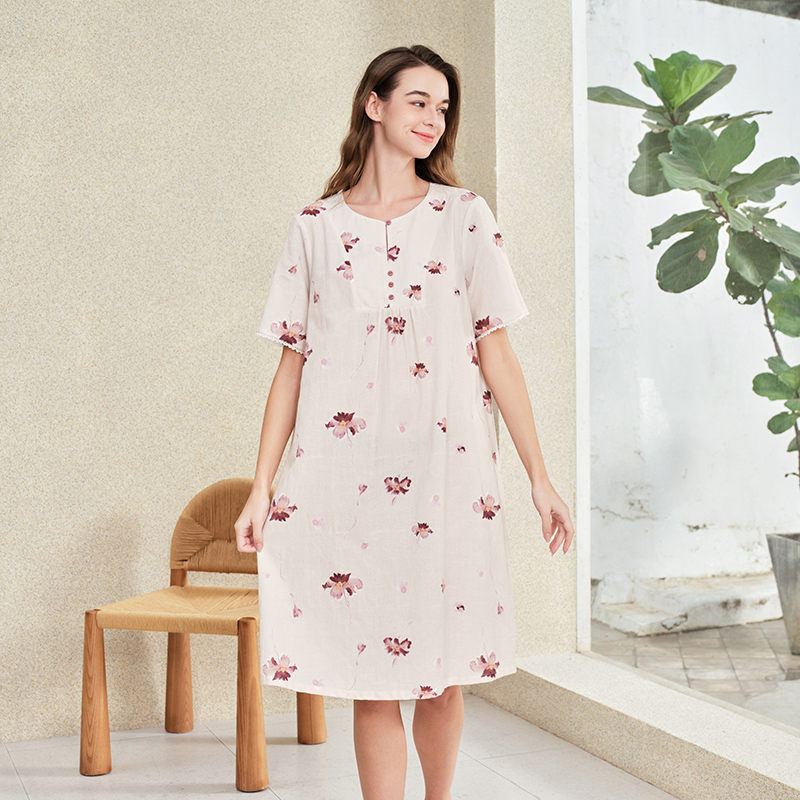 美标新品梭织纯棉女士短袖睡裙