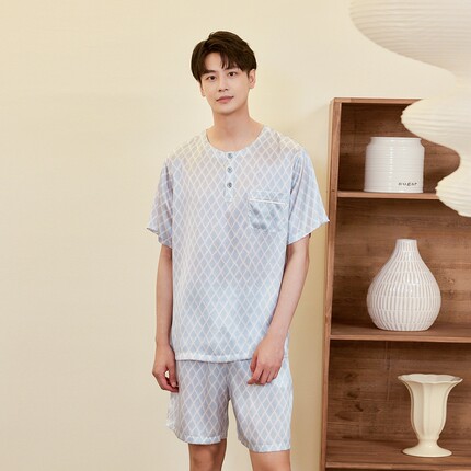 美标新款短袖短裤真丝睡衣套装男士桑蚕丝19姆米重磅丝绸家居服夏