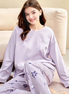 美标美标旗舰店睡衣春秋季新品女士长袖棉套装T恤家居服套装紫色