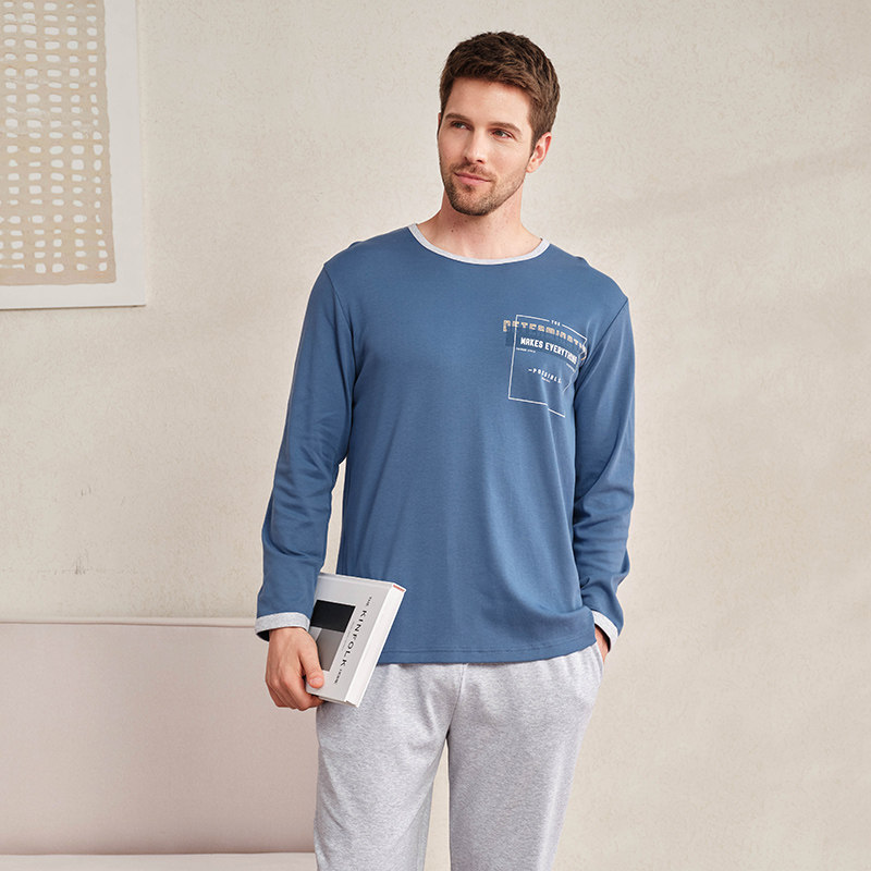 美标春秋冬新款男士睡衣长袖套装宽松纯棉全棉休闲外穿家居服