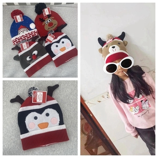 外贸圣诞麋鹿宝宝红色帽子围脖儿童保暖秋冬季男童女童针织毛线