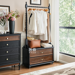 法式复古全实木床头柜挂衣架一体卧室床边落地中古风可移动衣帽架