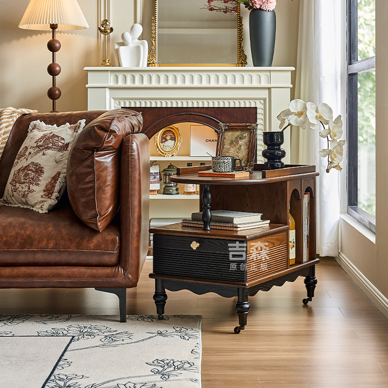法式复古全实木小推车美式客厅可移动茶几中古风餐车家用带轮边几