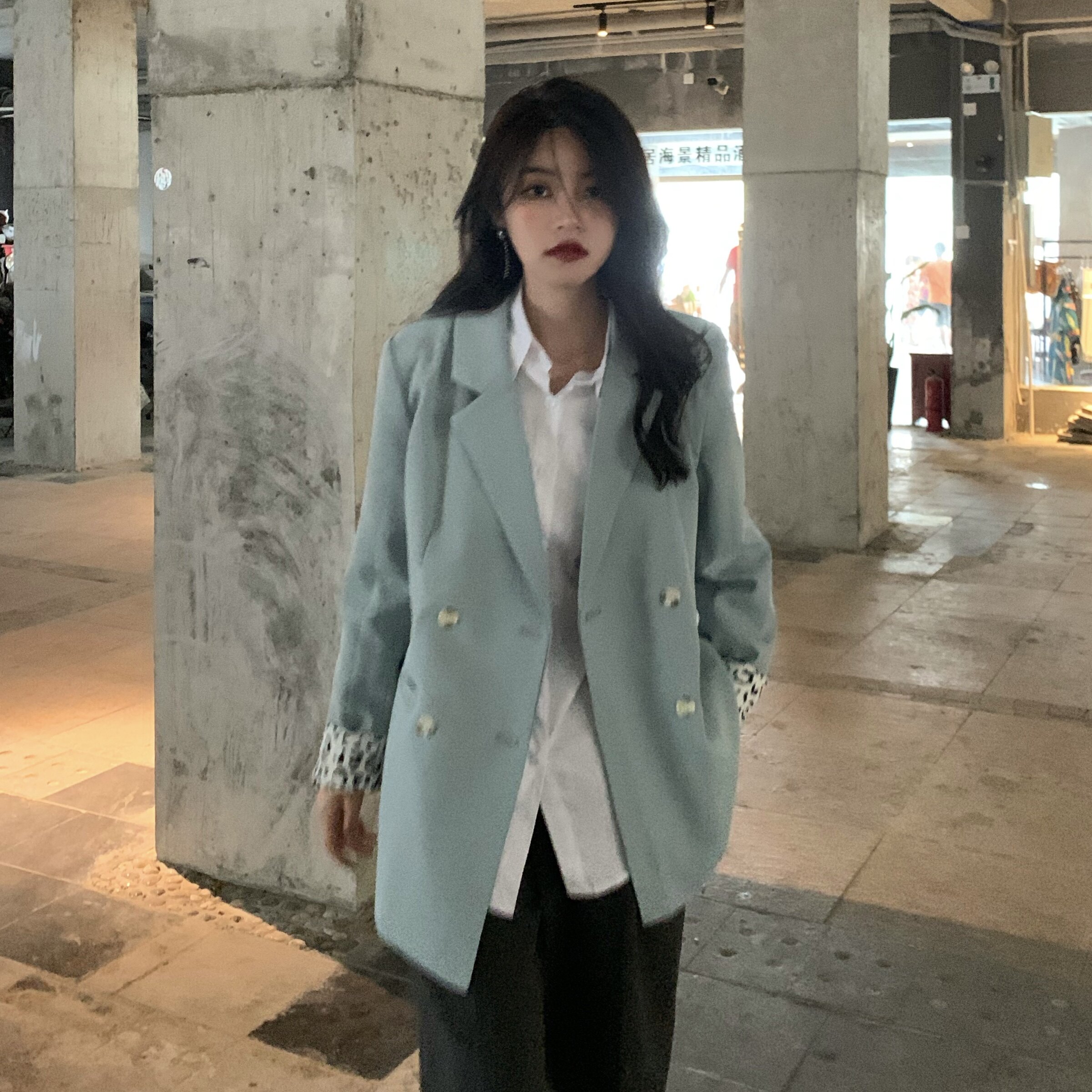 实拍实价 春季韩版chic奶牛纹babyblue浅蓝色双排扣西装