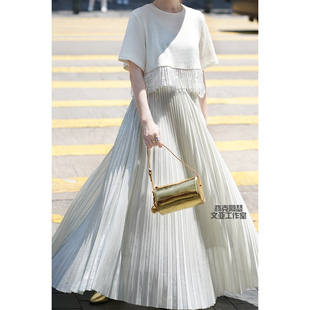 亦克阿瑟纸醉金迷之金色百褶大摆裙 高腰大摆显瘦超长女装半身裙