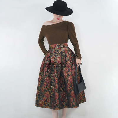 亦克阿瑟暗香金韵玫瑰提花半身裙轻奢高腰蓬蓬裙伞裙赫本复古长裙