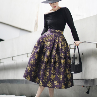 亦克阿瑟复古金色花朵半身裙轻奢提花紫色高腰蓬蓬裙伞裙赫本中裙