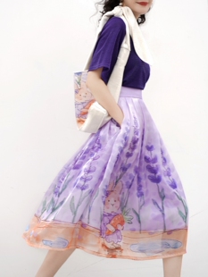 亦克阿瑟原创手绘印花半身裙仙女高腰百褶伞裙文艺长中裙口袋裙子