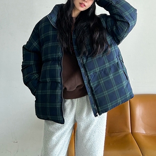 Y17好品质韩国女复古格子纯棉防泼水工艺箱型长袖 棉服保暖