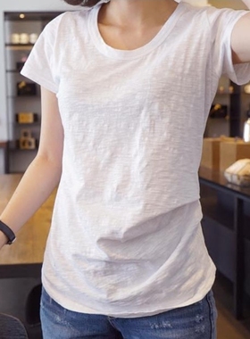 k942韩国女装新品2025简约竹节棉腰间褶皱显瘦修身纯棉女t恤夏季