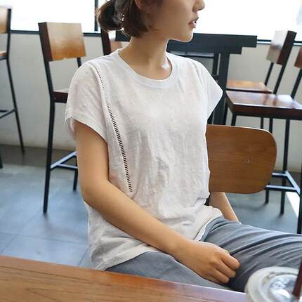 韩国竹节棉宽松镂空花边圆领套头夏女短袖白色t恤水洗k451K451