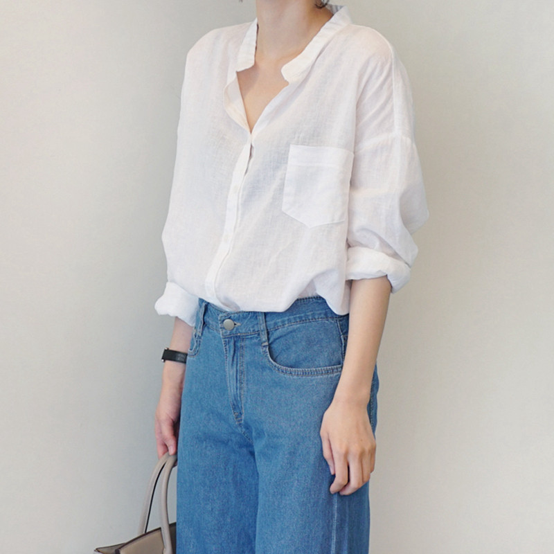春夏薄麻棉宽松防晒透气女衬衫凉