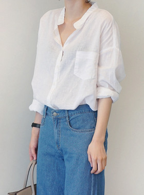 春夏薄麻棉宽松防晒透气女衬衫凉