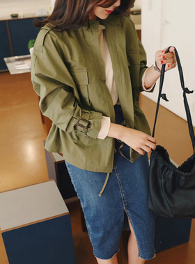 F16韩国女装代新品2025帅气拉链可收腰棉质秋冬女风衣短外套显瘦