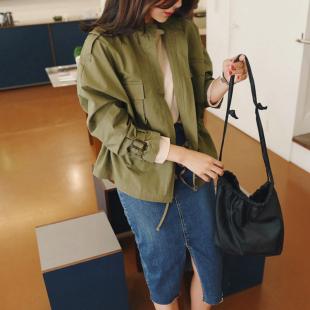 F16韩国女装 2025帅气拉链可收腰棉质秋冬女风衣短外套显瘦 代新品