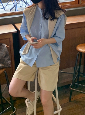 韩国女装新五分袖开衫圆领纯棉前短后长宽松衬衫通勤春夏显瘦C124