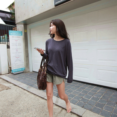 T187韩国女装新品2026宽松竹节棉薄款圆领长袖秋冬女T恤套头打底