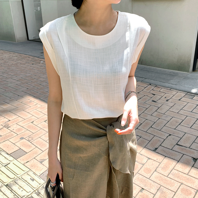 C79韩国女装新款2025麻棉圆领套头无袖夏季女衬衫显瘦修身通勤