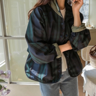 F57好品质韩国轻防水长袖 宽松春秋冬两面穿格子女风衣外套