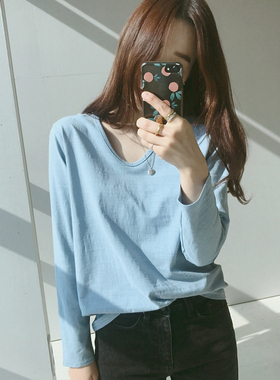 T191韩国女装新品2026竹节纯棉椭圆领秋冬女长袖T恤打底衫厚实