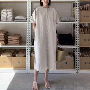 韩国女装 过膝中长连衣裙显瘦夏通勤L102 优雅素色麻棉直筒落肩半袖