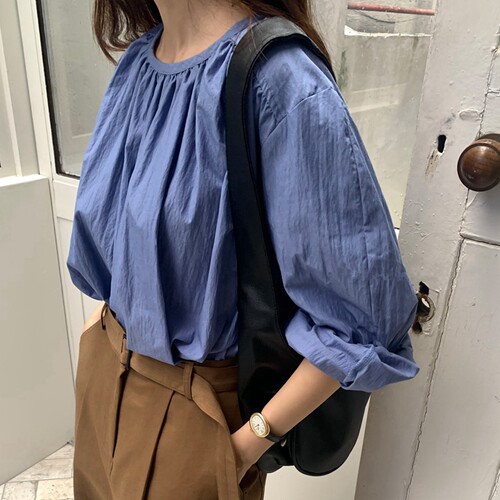 宽松优雅套头长袖棉锦衬衫显瘦