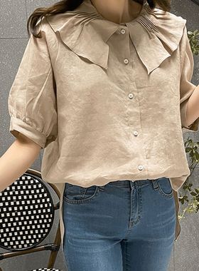 C98韩国女装新款夏季娃娃领甜美亚麻宽松短袖衬衫通勤纯色