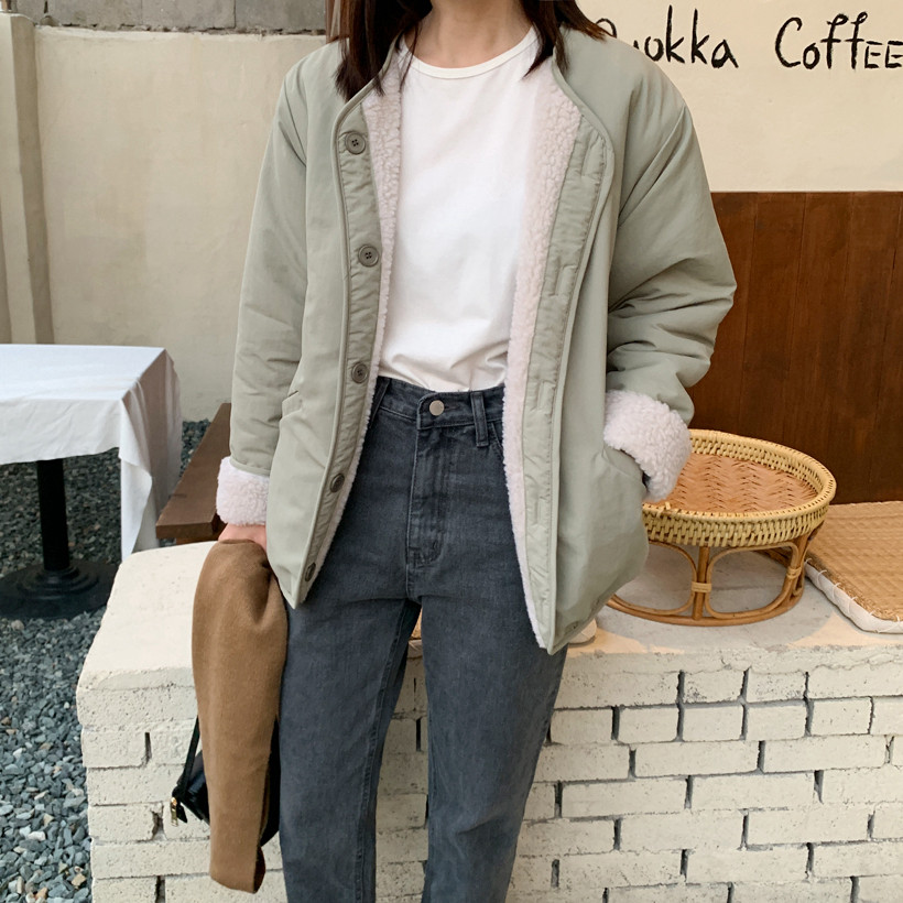 D31韩国女装新品2026秋冬女棉衣外套保暖羊羔绒风衣两面穿棉服