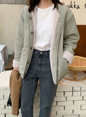 D31韩国女装新品2026秋冬女棉衣外套保暖羊羔绒风衣两面穿棉服