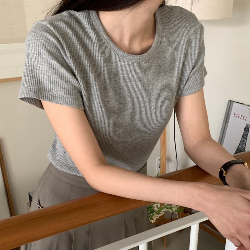 T308好品质韩国女装简约罗纹棉弹力修身春夏短袖圆领女Tt恤
