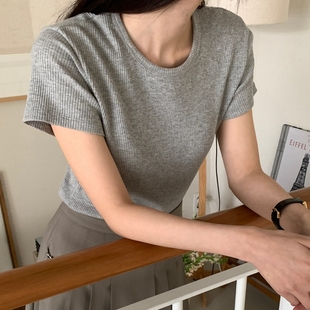 T308好品质韩国女装简约罗纹棉弹力修身春夏短袖圆领女Tt恤
